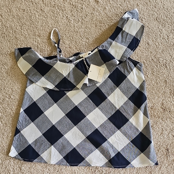 beachlunchlounge Blue and White Asymmetrical Ruffled Blouse - Picture 1 of 6